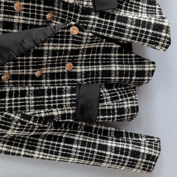 Rachel Parcell Double Brested Satin Lapel Black and White Checkered Tweed Blazer - Picture 4 of 12